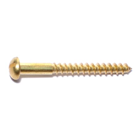 Wood Screw, #10, 2 In, Plain Brass Round Head Slotted Drive, 25 PK